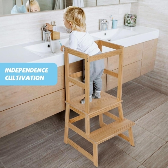 Kids Kitchen Step Stool with Safety Rail Toddler Learning Stool Montessori Tower - Picture 1 of 16